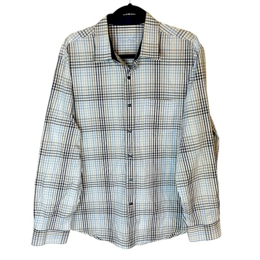 Tasso Elba Navy White Light Blue Plaid Button Down‎ Long Sleeve Shirt Size Large